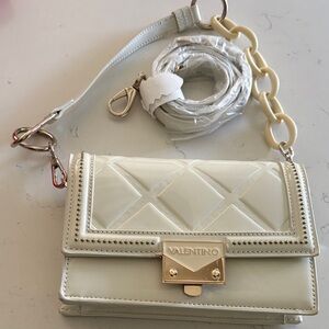 Valentino Robin Crossbody in Ecru. Patent Quilted Crossbody with Gold Hardware